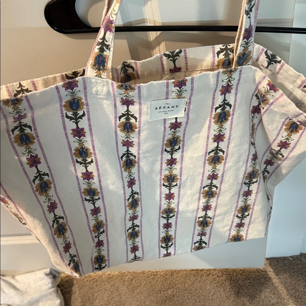 Sezane Cream and Purple Floral Tote